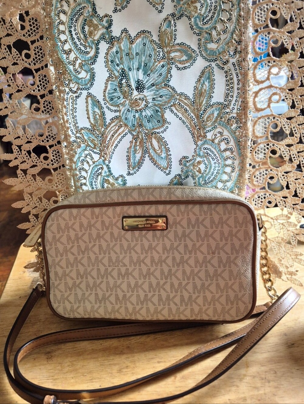 Michael Kors Beige Brown Monogram Crossbody Bag